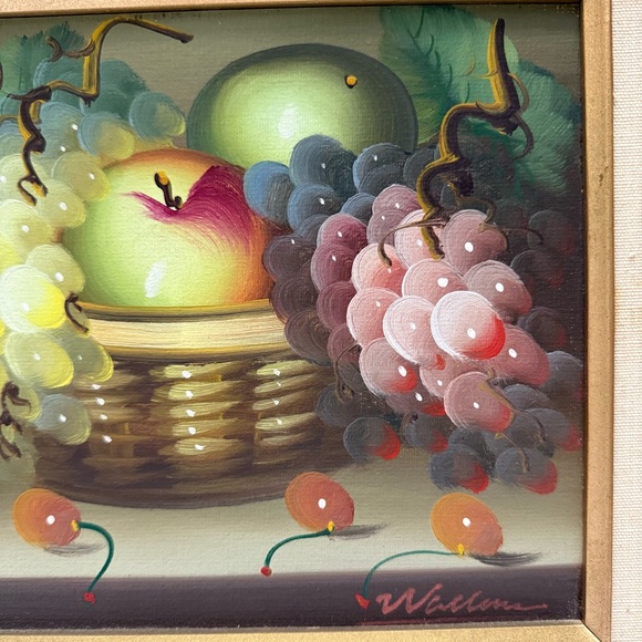 Vintage Original Still Life Basket of Fruit Grapes Painting Framed Signed 8x10 - Picture 4 of 8